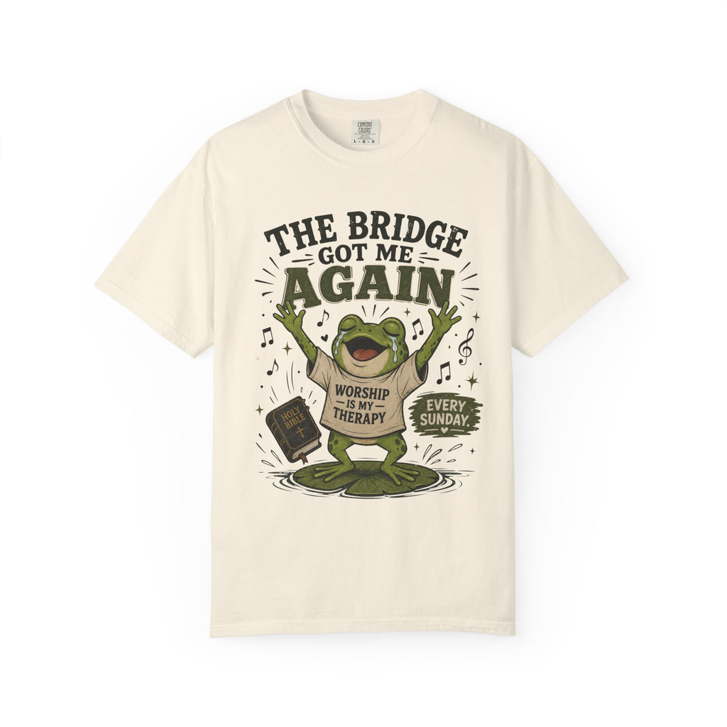 The Bridge Got Me Again Frog T-Shirt – Funny Church Worship Tee