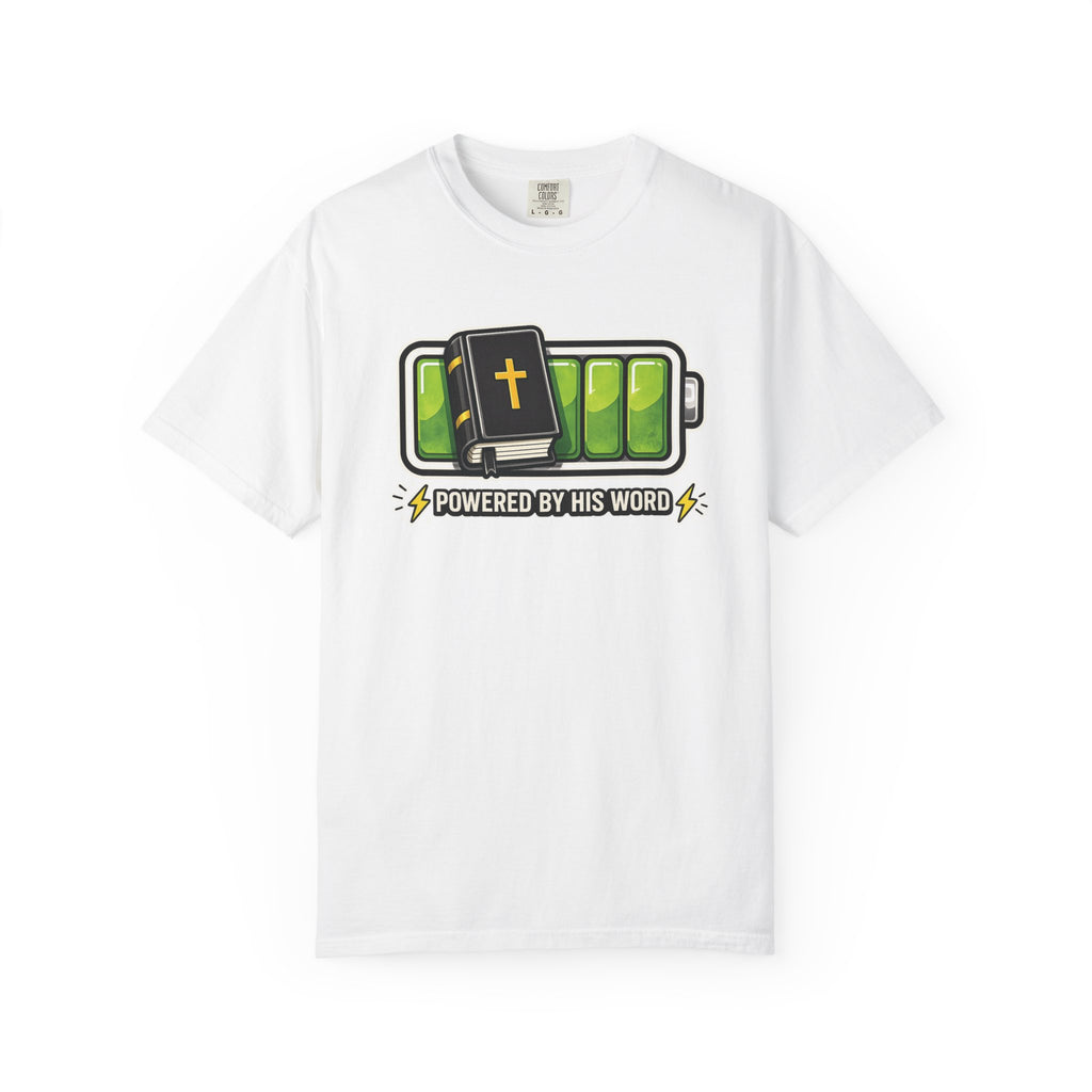 Powered By His Word | Christian Faith Battery T-Shirt