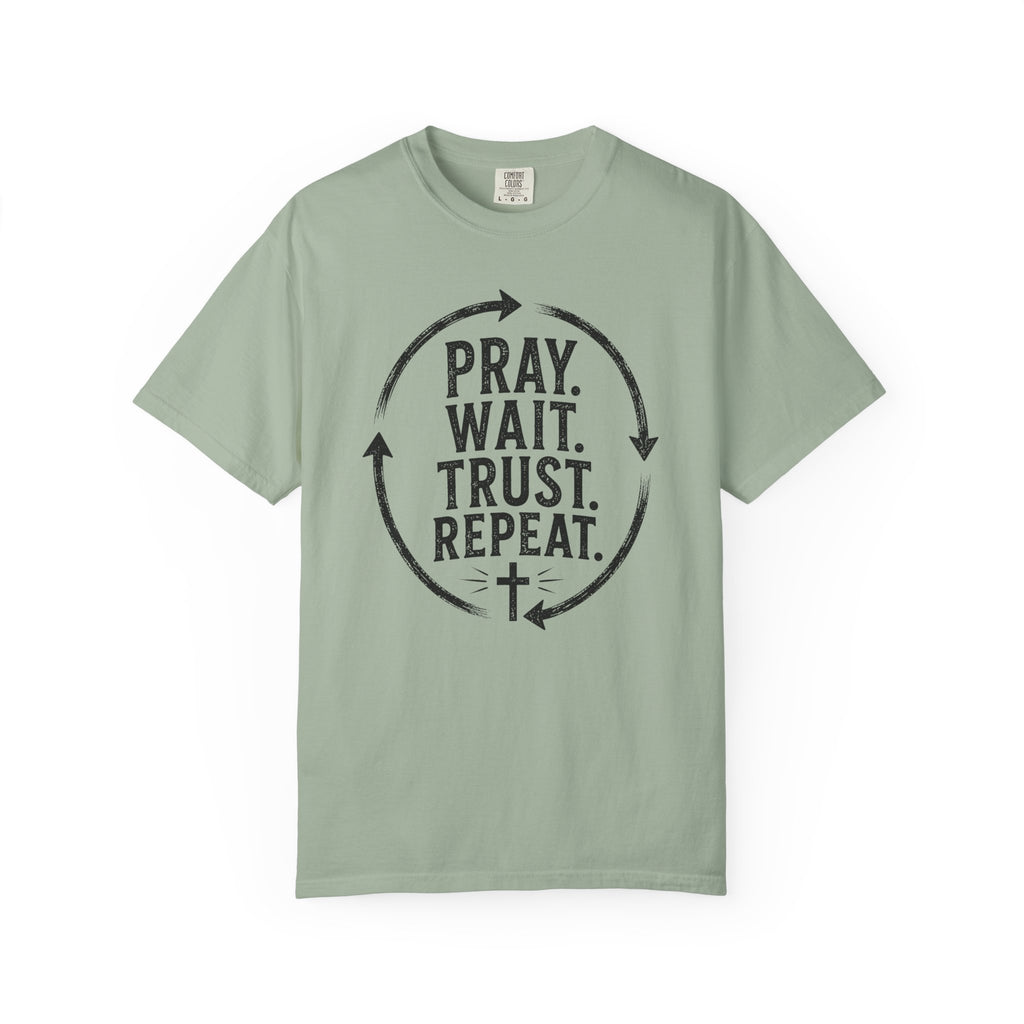 Pray Wait Trust Repeat Christian T-Shirt | Vintage Faith Graphic Tee