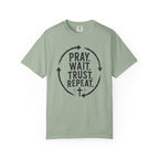 Pray Wait Trust Repeat Christian T-Shirt | Vintage Faith Graphic Tee