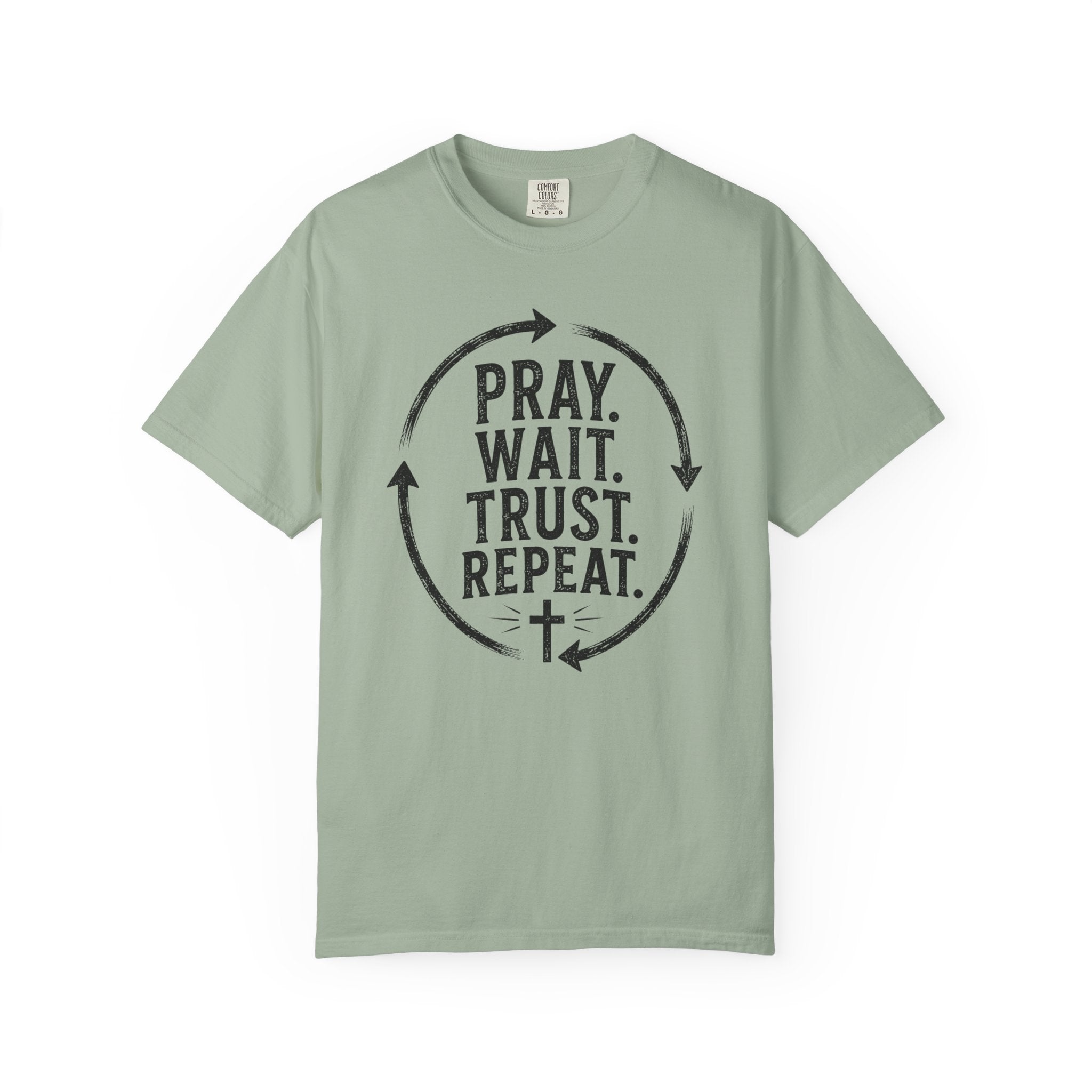 Pray Wait Trust Repeat Christian T-Shirt | Vintage Faith Graphic Tee