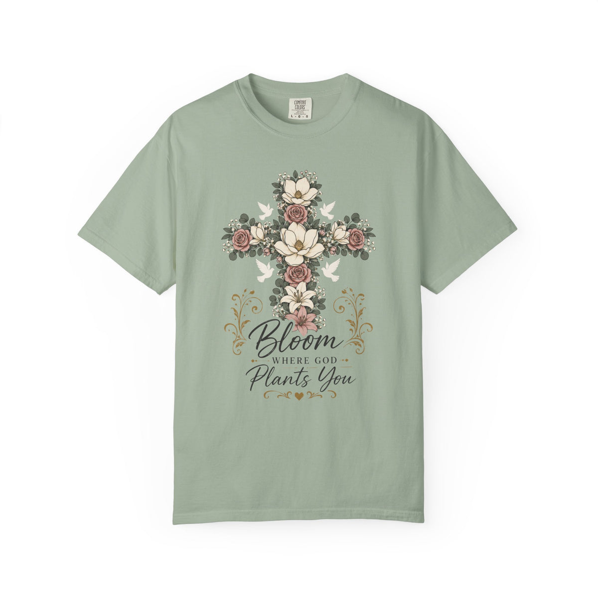 Floral Cross T-Shirt — "Bloom Where Love Plants You" Christian Faith Tee