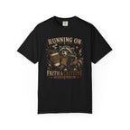 Running on Faith & Caffeine T-Shirt — Raccoon Coffee Lover Graphic Tee