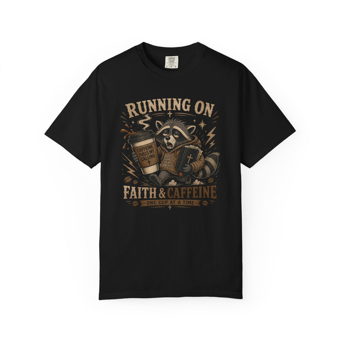Running on Faith & Caffeine T-Shirt — Raccoon Coffee Lover Graphic Tee