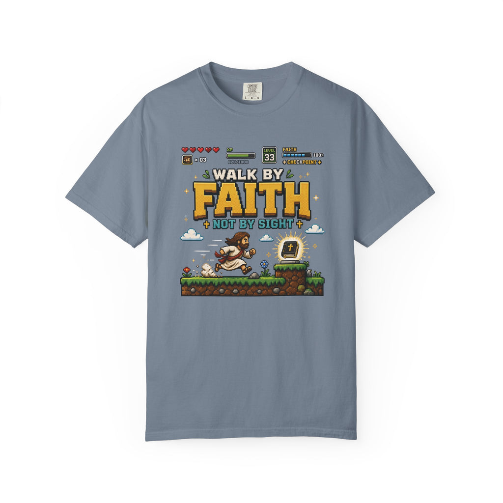 Walk By Faith Not By Sight Shirt | Christian Gamer Tee | Retro Pixel Art | Faith-Based Gaming T-Shirt