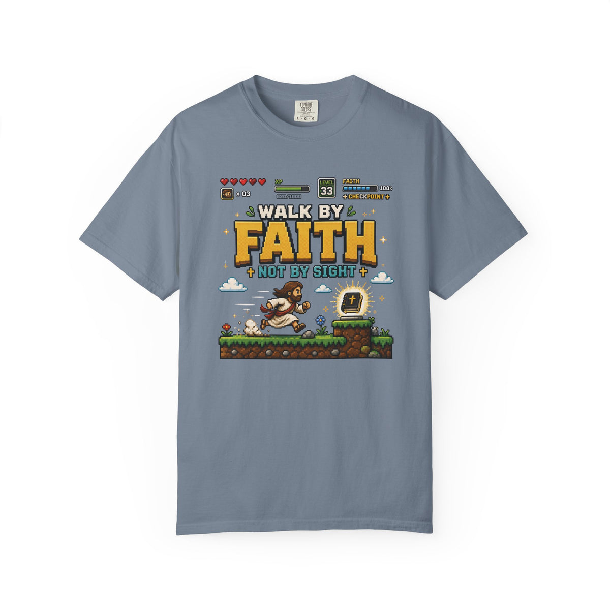 Walk By Faith Not By Sight Shirt | Christian Gamer Tee | Retro Pixel Art | Faith-Based Gaming T-Shirt
