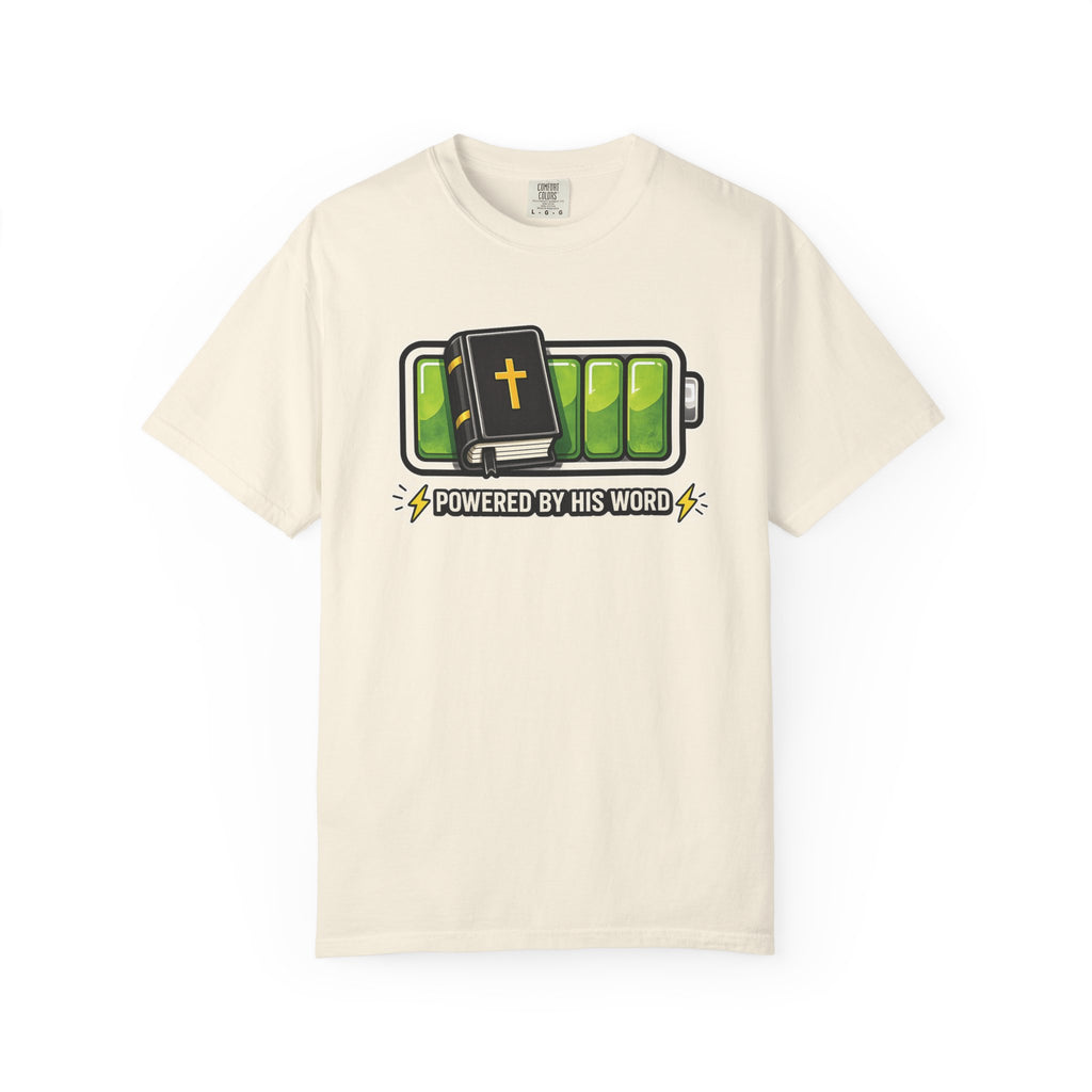Powered By His Word | Christian Faith Battery T-Shirt