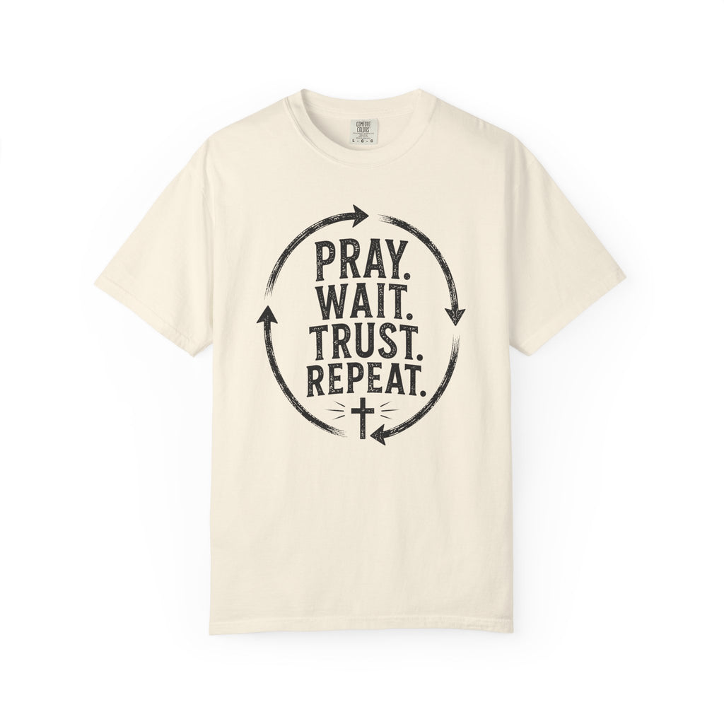 Pray Wait Trust Repeat Christian T-Shirt | Vintage Faith Graphic Tee