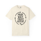 Pray Wait Trust Repeat Christian T-Shirt | Vintage Faith Graphic Tee