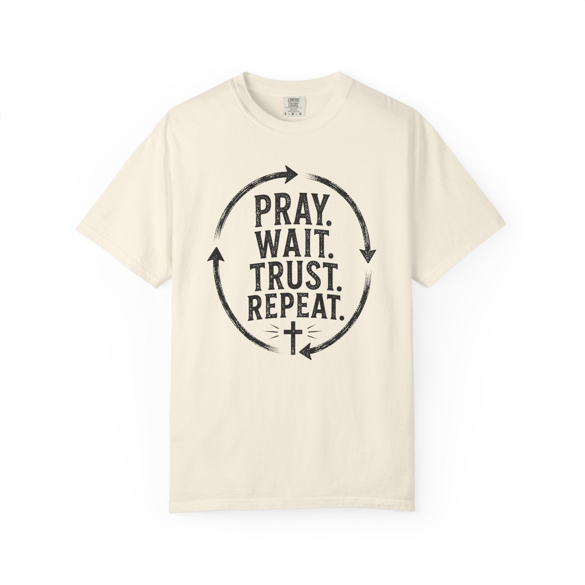 Pray Wait Trust Repeat Christian T-Shirt | Vintage Faith Graphic Tee