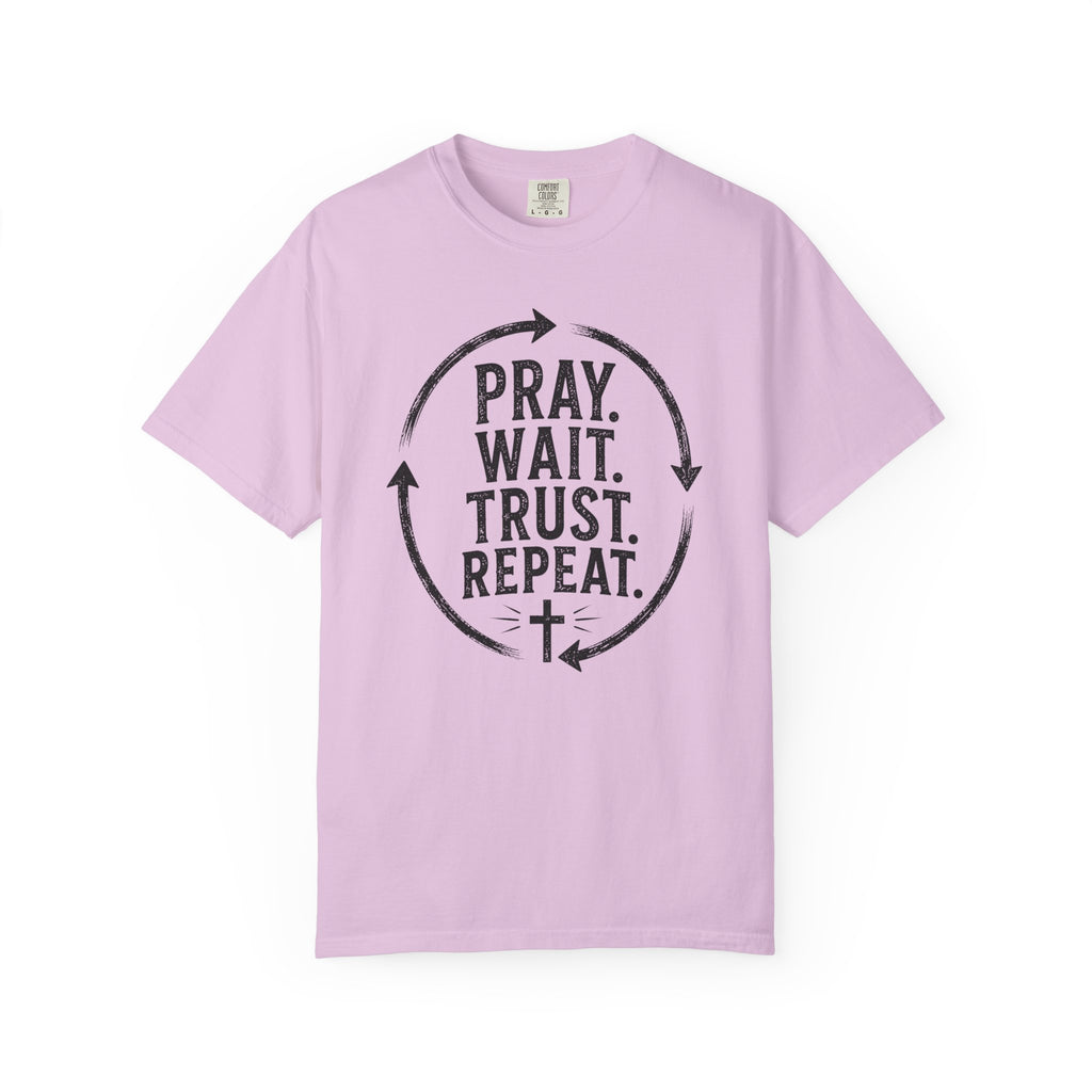 Pray Wait Trust Repeat Christian T-Shirt | Vintage Faith Graphic Tee
