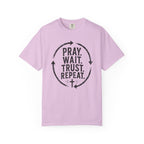 Pray Wait Trust Repeat Christian T-Shirt | Vintage Faith Graphic Tee