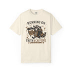 Running on Faith & Caffeine T-Shirt — Raccoon Coffee Lover Graphic Tee