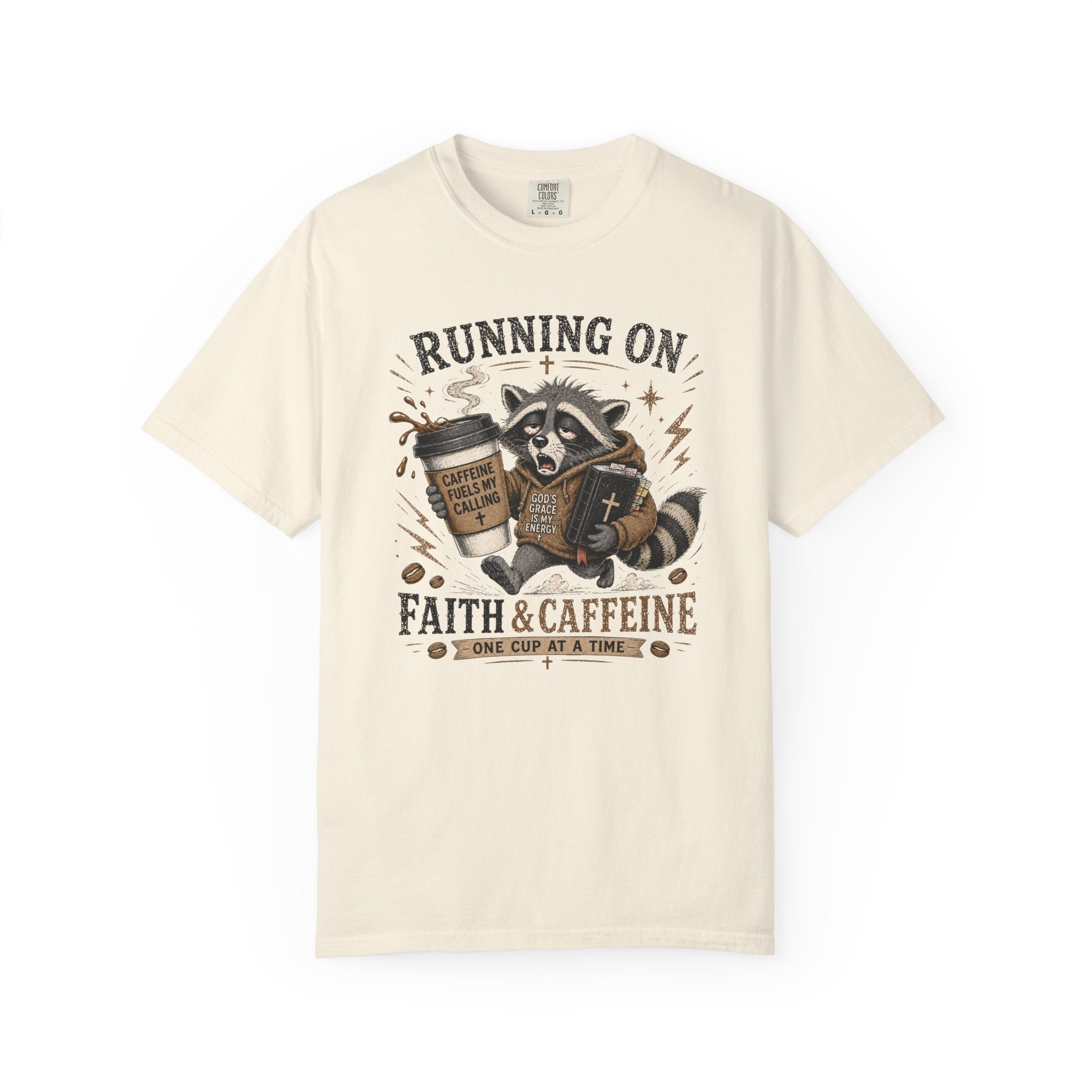 Running on Faith & Caffeine T-Shirt — Raccoon Coffee Lover Graphic Tee