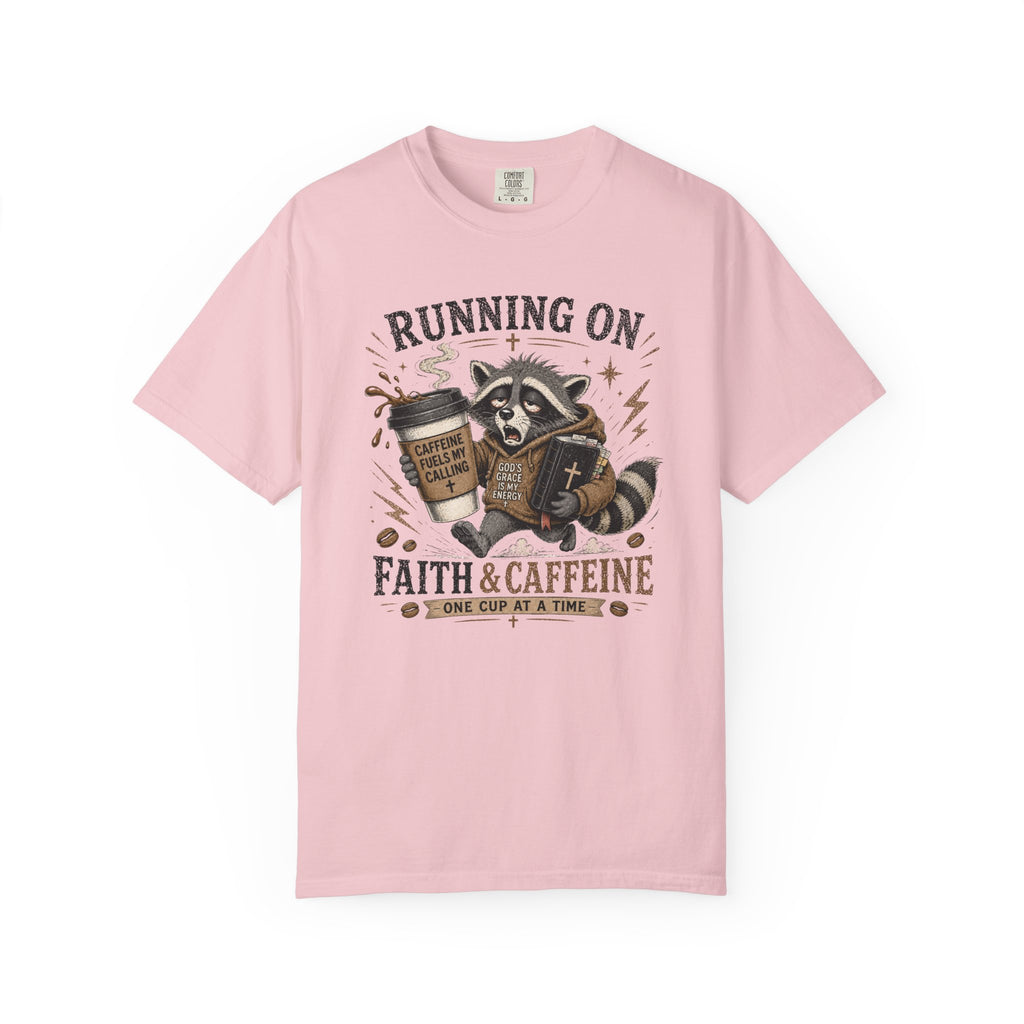 Running on Faith & Caffeine T-Shirt — Raccoon Coffee Lover Graphic Tee