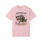 Running on Faith & Caffeine T-Shirt — Raccoon Coffee Lover Graphic Tee