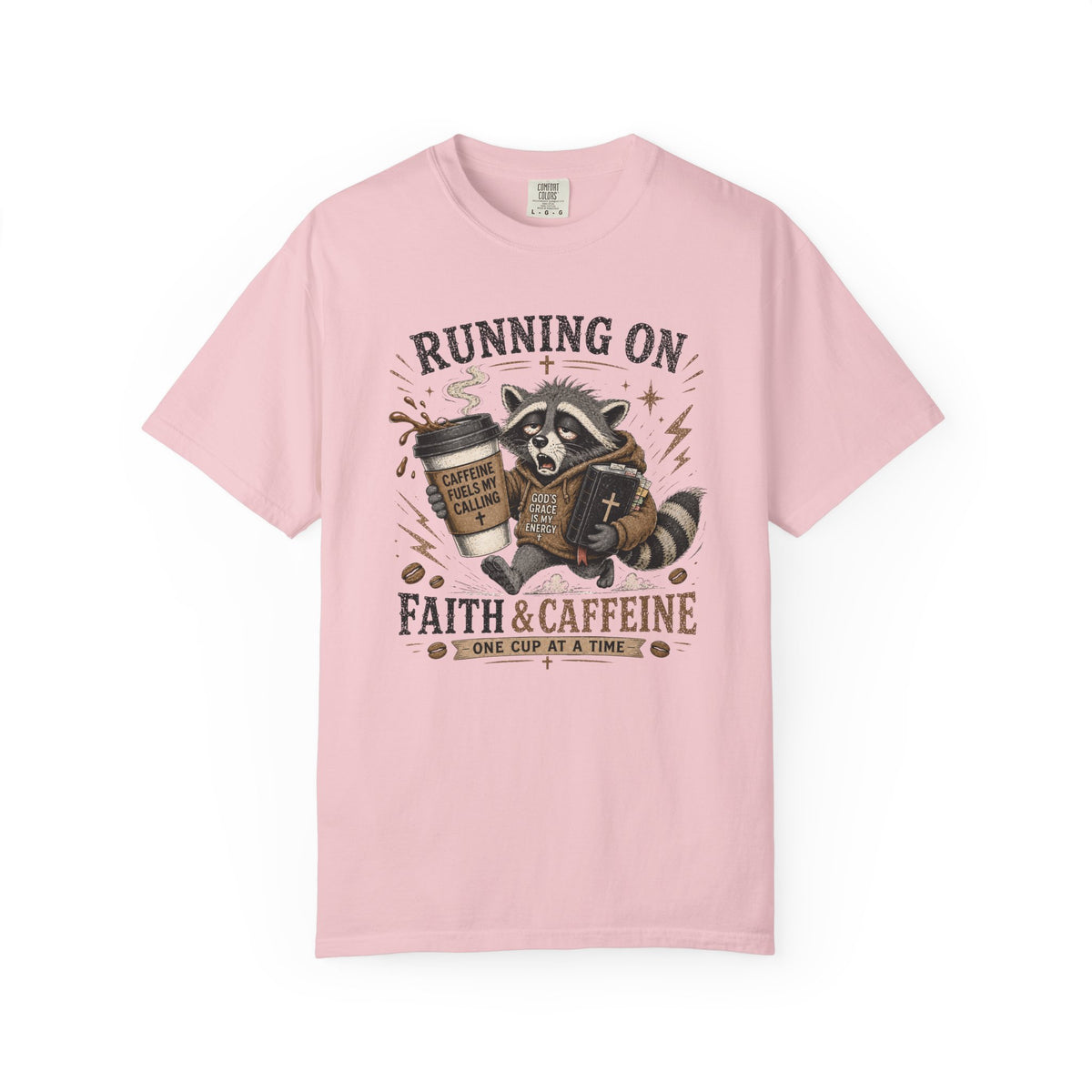 Running on Faith & Caffeine T-Shirt — Raccoon Coffee Lover Graphic Tee