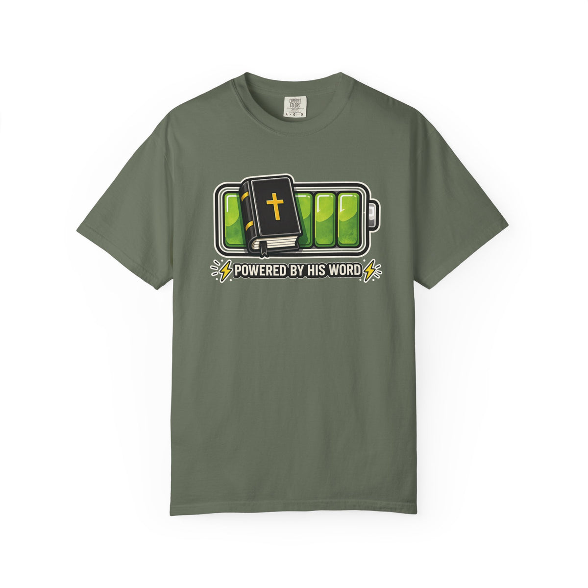 Powered By His Word | Christian Faith Battery T-Shirt