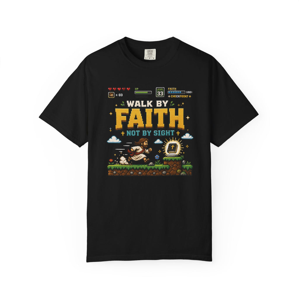 Walk By Faith Not By Sight Shirt | Christian Gamer Tee | Retro Pixel Art | Faith-Based Gaming T-Shirt