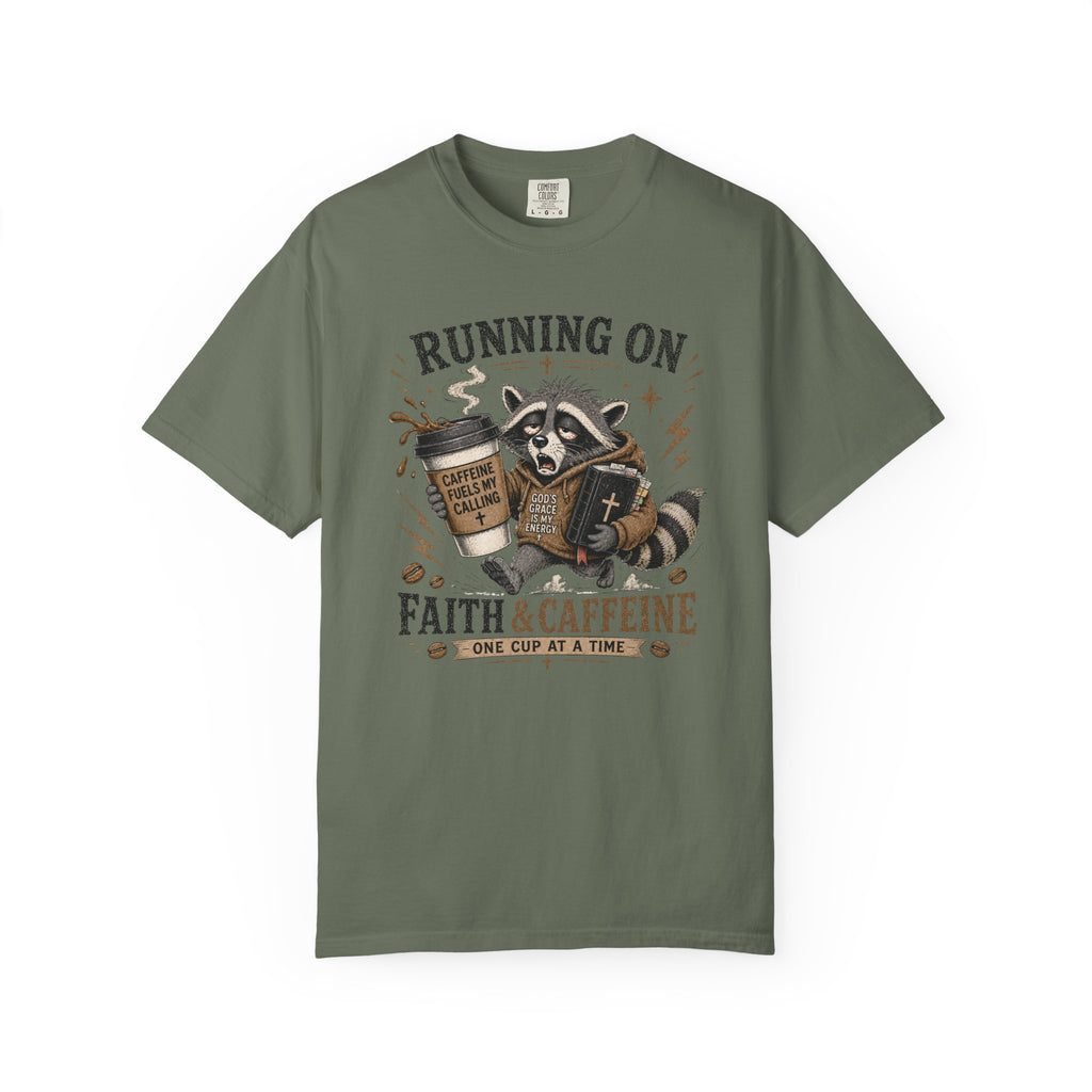 Running on Faith & Caffeine T-Shirt — Raccoon Coffee Lover Graphic Tee
