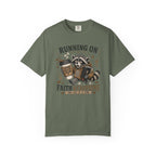 Running on Faith & Caffeine T-Shirt — Raccoon Coffee Lover Graphic Tee