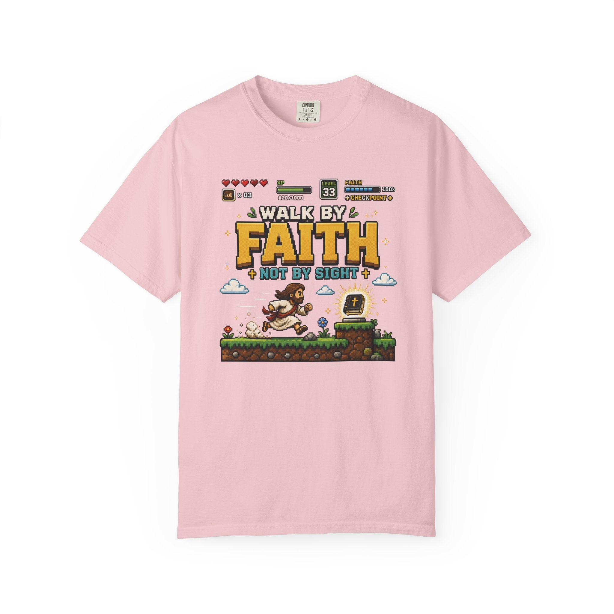 Walk By Faith Not By Sight Shirt | Christian Gamer Tee | Retro Pixel Art | Faith-Based Gaming T-Shirt