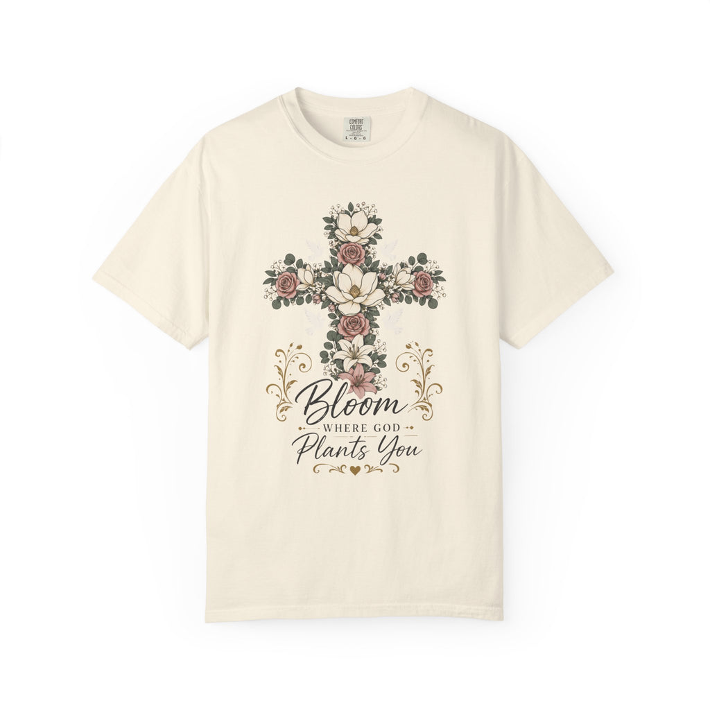 Floral Cross T-Shirt — "Bloom Where Love Plants You" Christian Faith Tee
