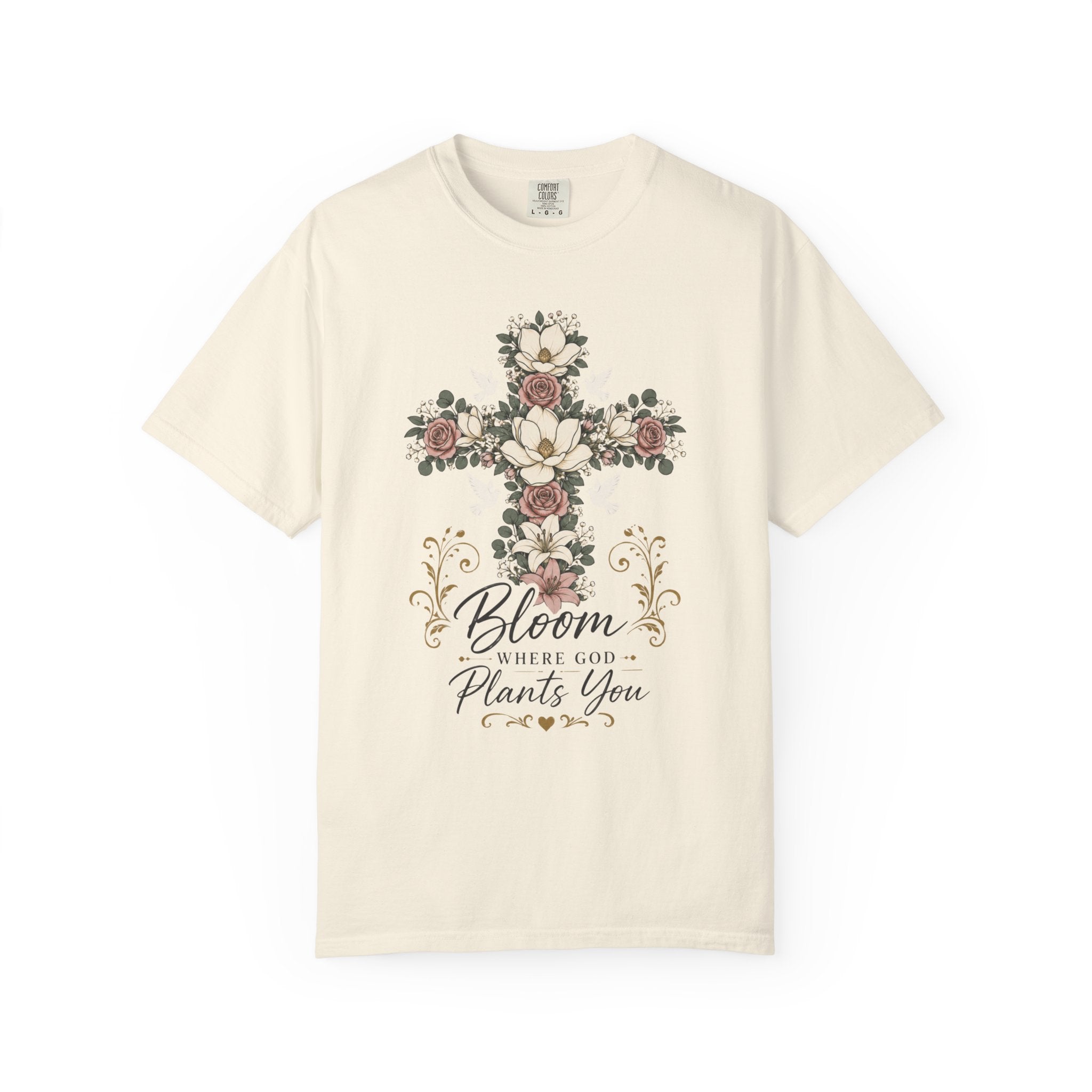 Floral Cross T-Shirt — "Bloom Where Love Plants You" Christian Faith Tee