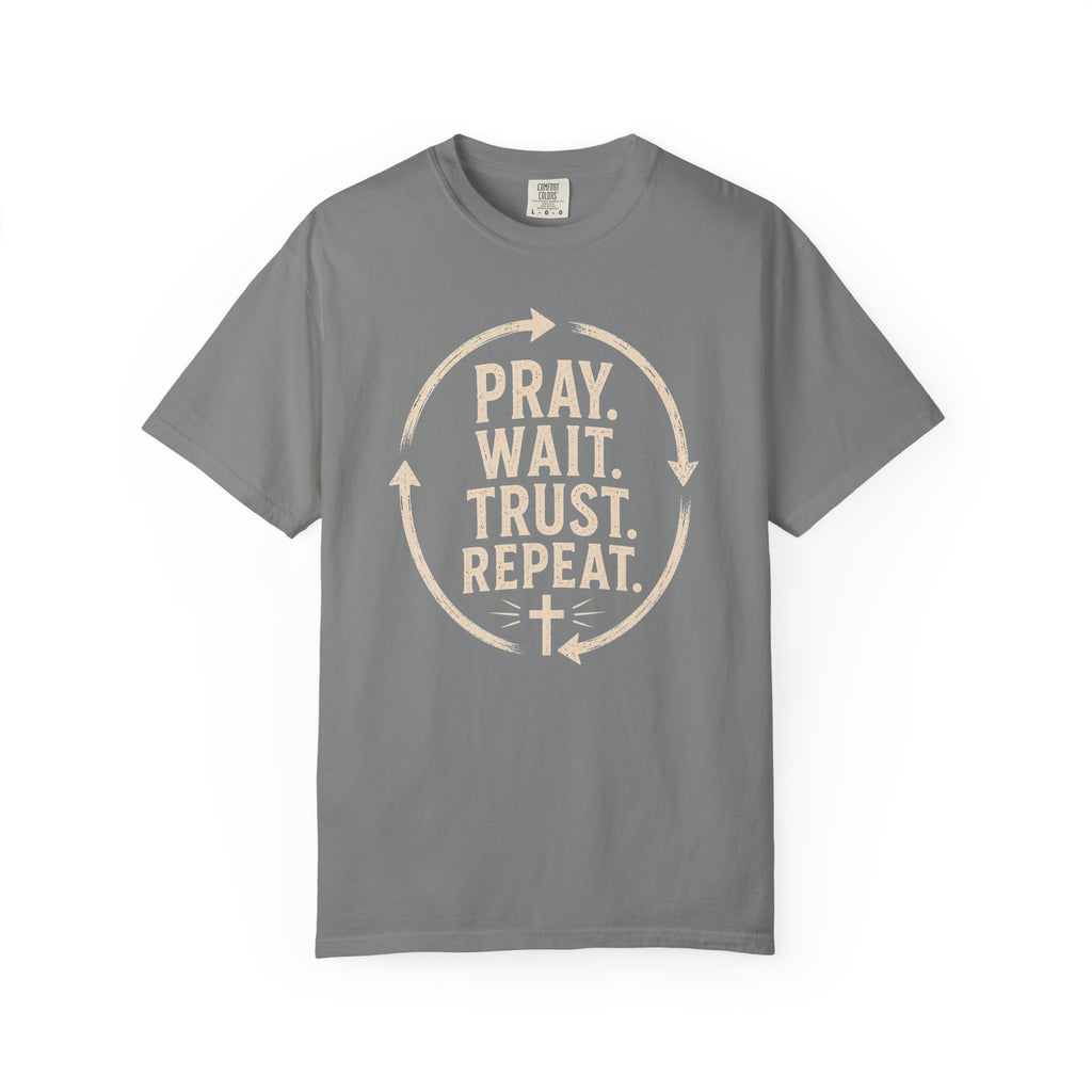 Pray Wait Trust Repeat Christian T-Shirt | Vintage Faith Graphic Tee
