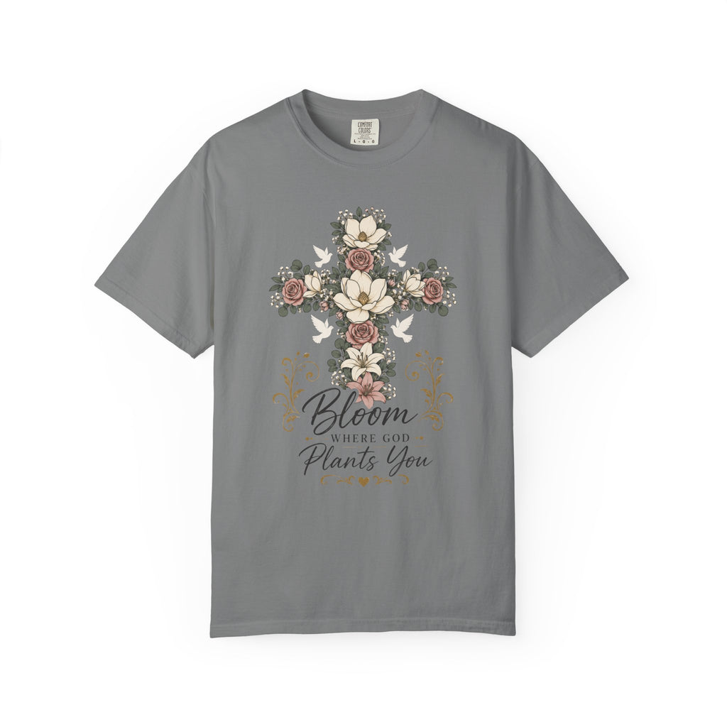 Floral Cross T-Shirt — "Bloom Where Love Plants You" Christian Faith Tee