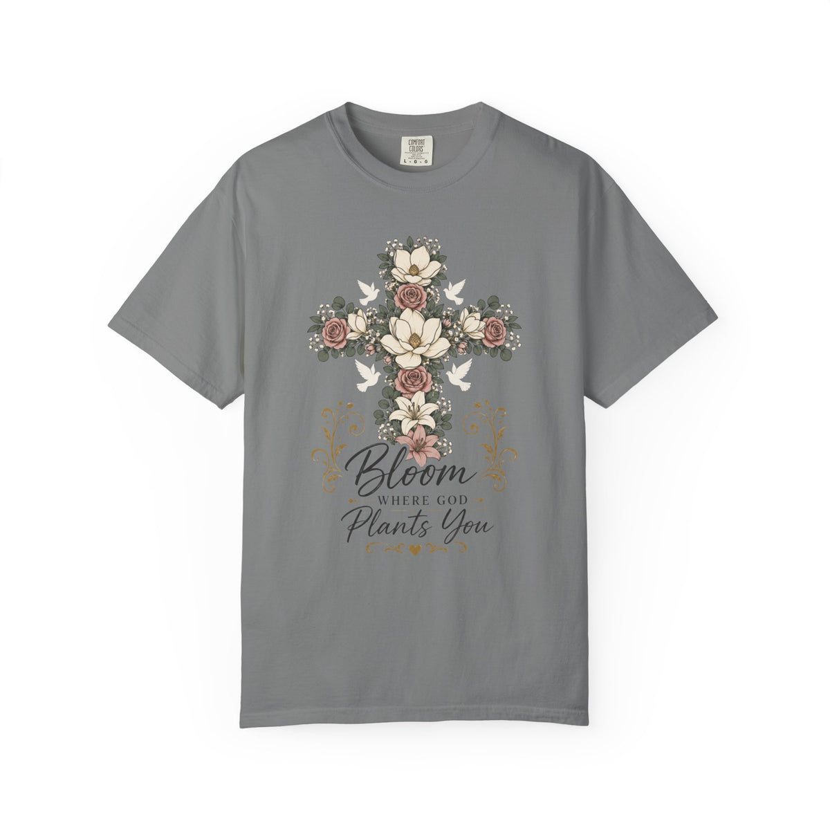 Floral Cross T-Shirt — "Bloom Where Love Plants You" Christian Faith Tee