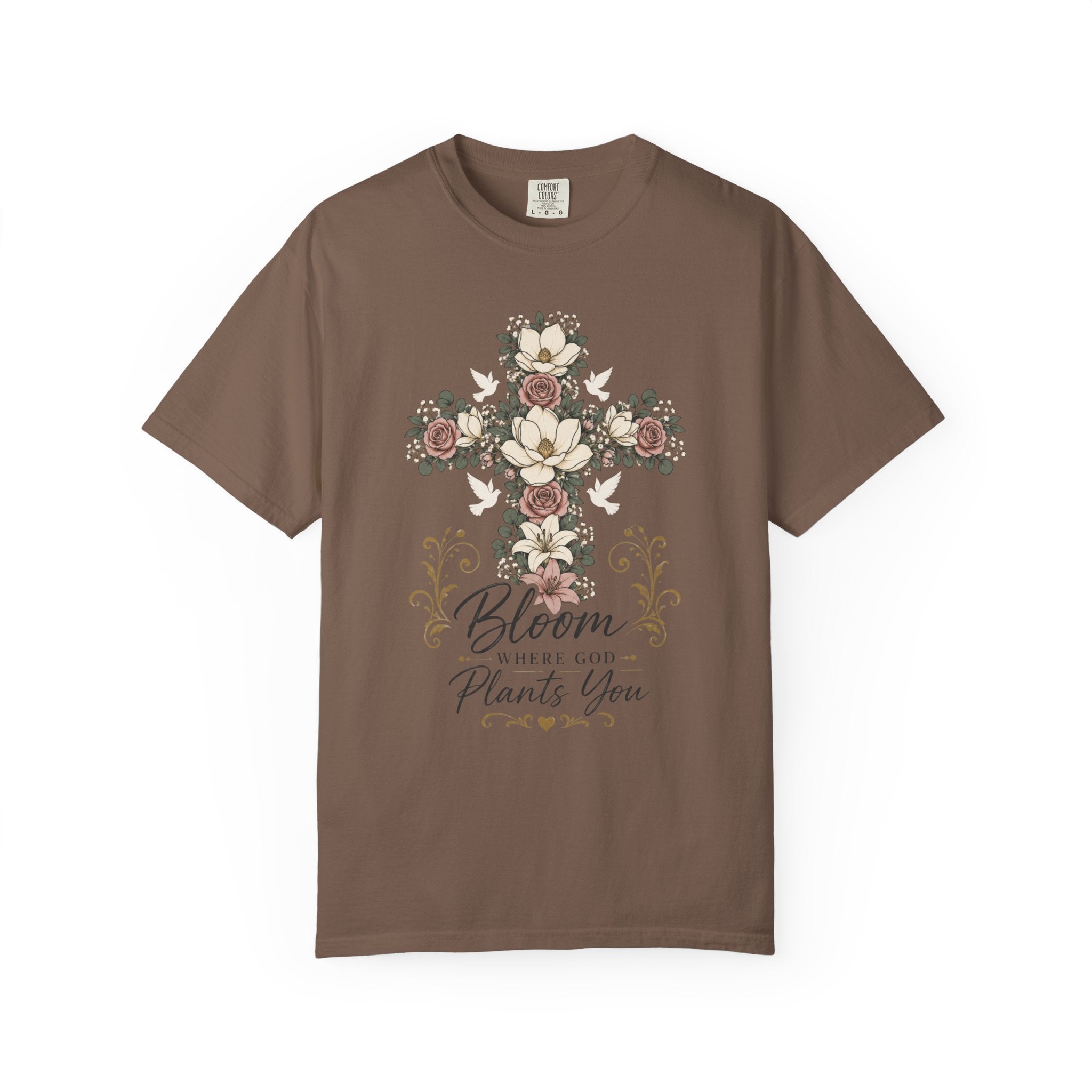 Floral Cross T-Shirt — "Bloom Where Love Plants You" Christian Faith Tee