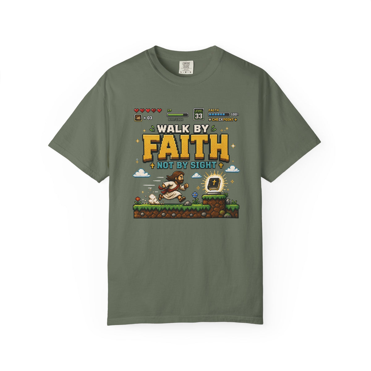 Walk By Faith Not By Sight Shirt | Christian Gamer Tee | Retro Pixel Art | Faith-Based Gaming T-Shirt