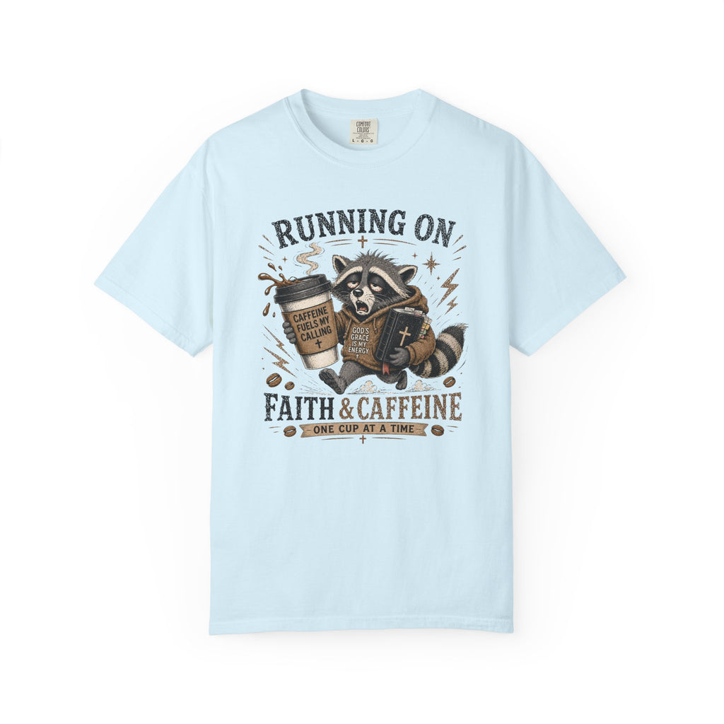 Running on Faith & Caffeine T-Shirt — Raccoon Coffee Lover Graphic Tee