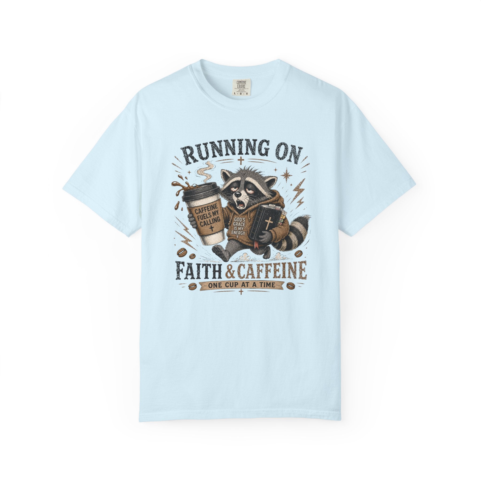 Running on Faith & Caffeine T-Shirt — Raccoon Coffee Lover Graphic Tee