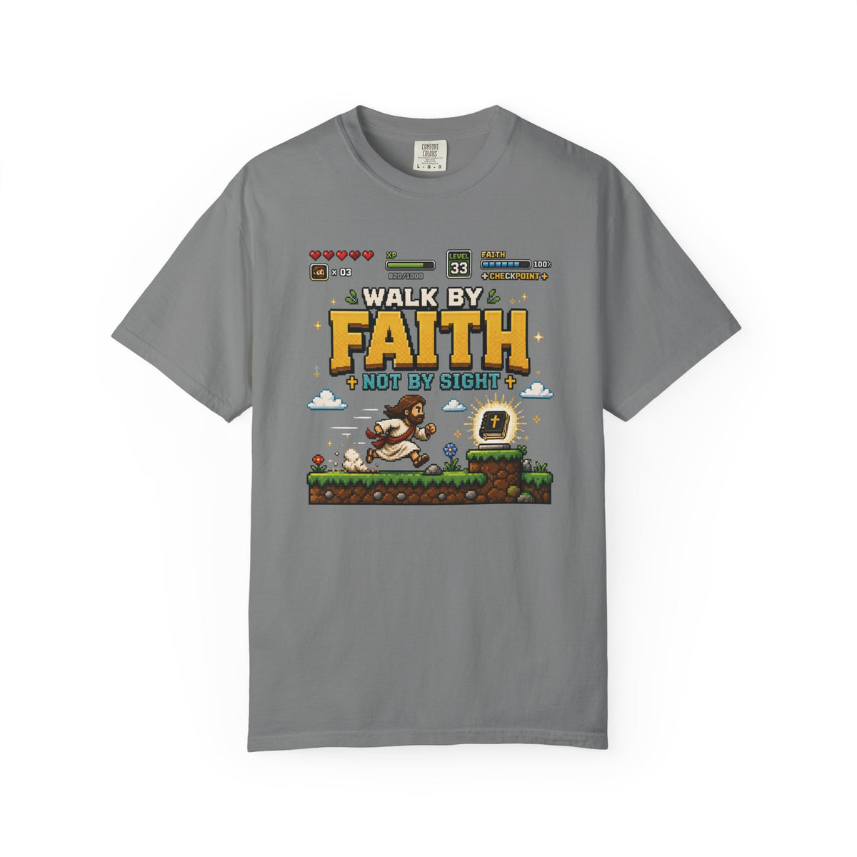 Walk By Faith Not By Sight Shirt | Christian Gamer Tee | Retro Pixel Art | Faith-Based Gaming T-Shirt