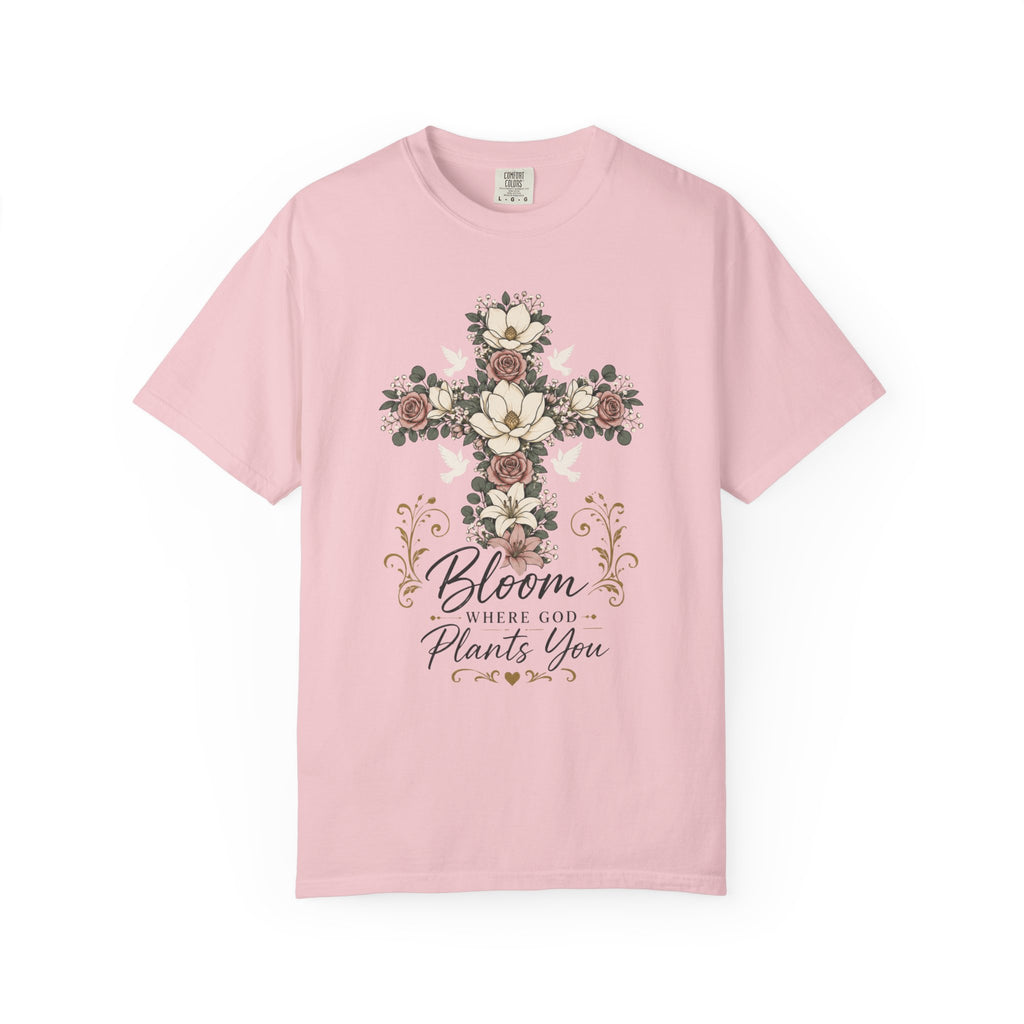 Floral Cross T-Shirt — "Bloom Where Love Plants You" Christian Faith Tee