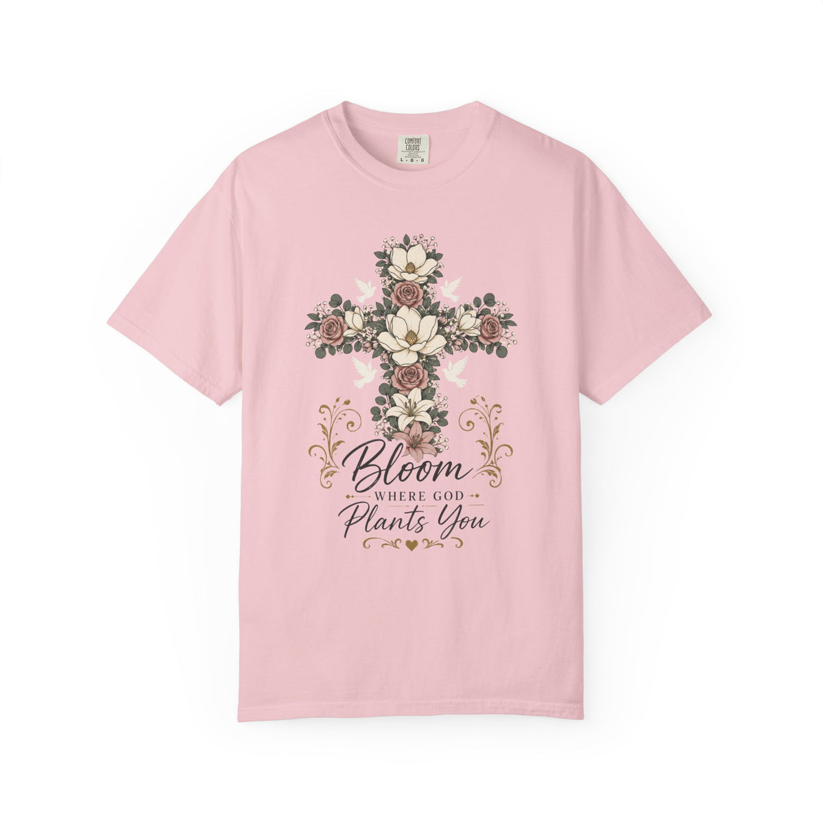 Floral Cross T-Shirt — "Bloom Where Love Plants You" Christian Faith Tee
