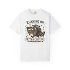 Running on Faith & Caffeine T-Shirt — Raccoon Coffee Lover Graphic Tee