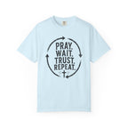 Pray Wait Trust Repeat Christian T-Shirt | Vintage Faith Graphic Tee
