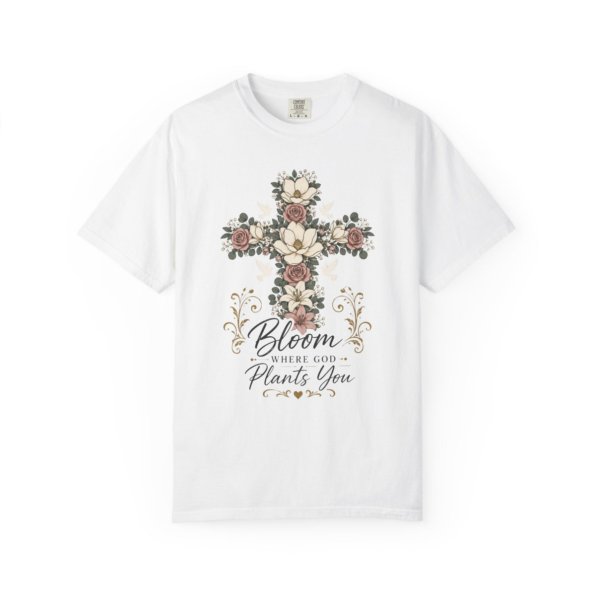 Floral Cross T-Shirt — "Bloom Where Love Plants You" Christian Faith Tee