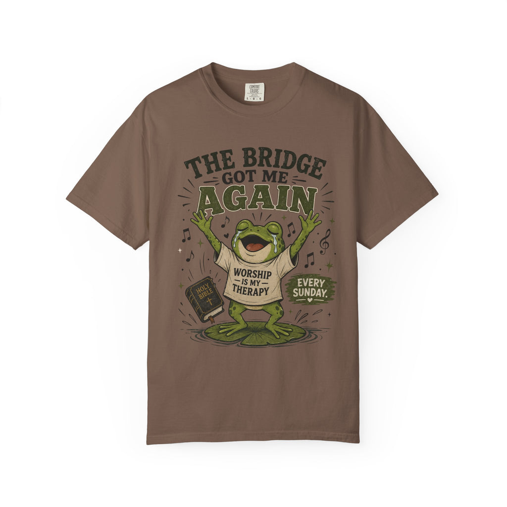 The Bridge Got Me Again Frog T-Shirt – Funny Church Worship Tee