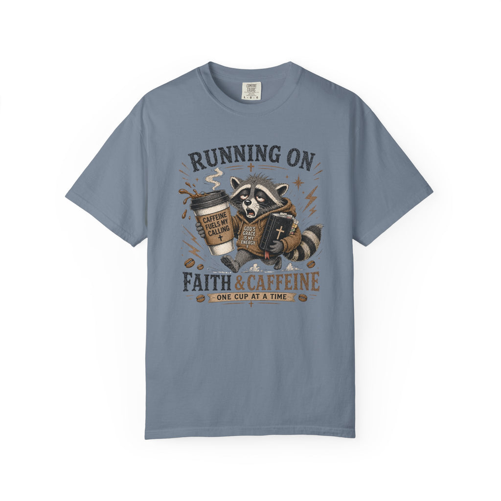 Running on Faith & Caffeine T-Shirt — Raccoon Coffee Lover Graphic Tee