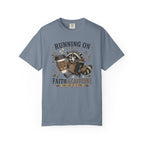 Running on Faith & Caffeine T-Shirt — Raccoon Coffee Lover Graphic Tee