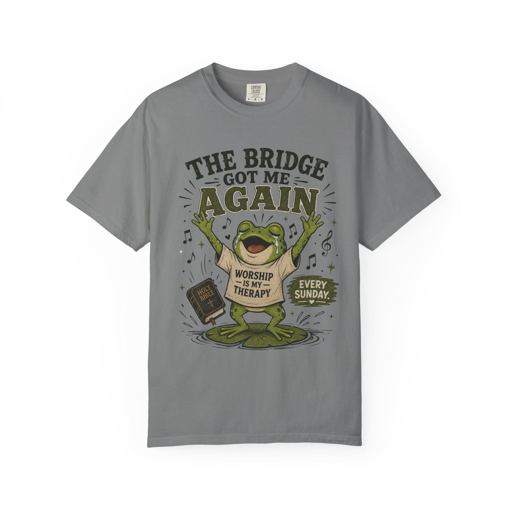 The Bridge Got Me Again Frog T-Shirt – Funny Church Worship Tee