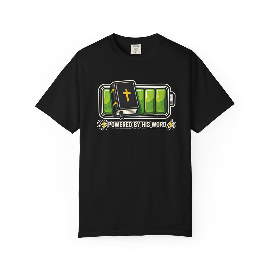 Powered By His Word | Christian Faith Battery T-Shirt