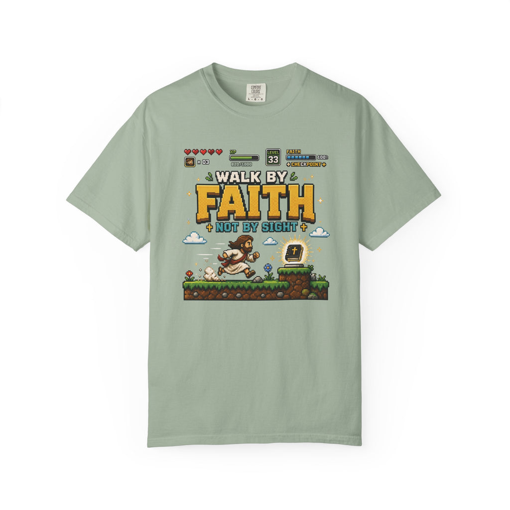 Walk By Faith Not By Sight Shirt | Christian Gamer Tee | Retro Pixel Art | Faith-Based Gaming T-Shirt