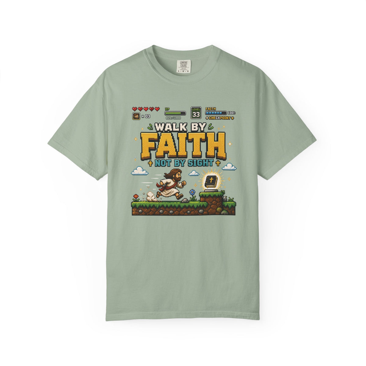 Walk By Faith Not By Sight Shirt | Christian Gamer Tee | Retro Pixel Art | Faith-Based Gaming T-Shirt