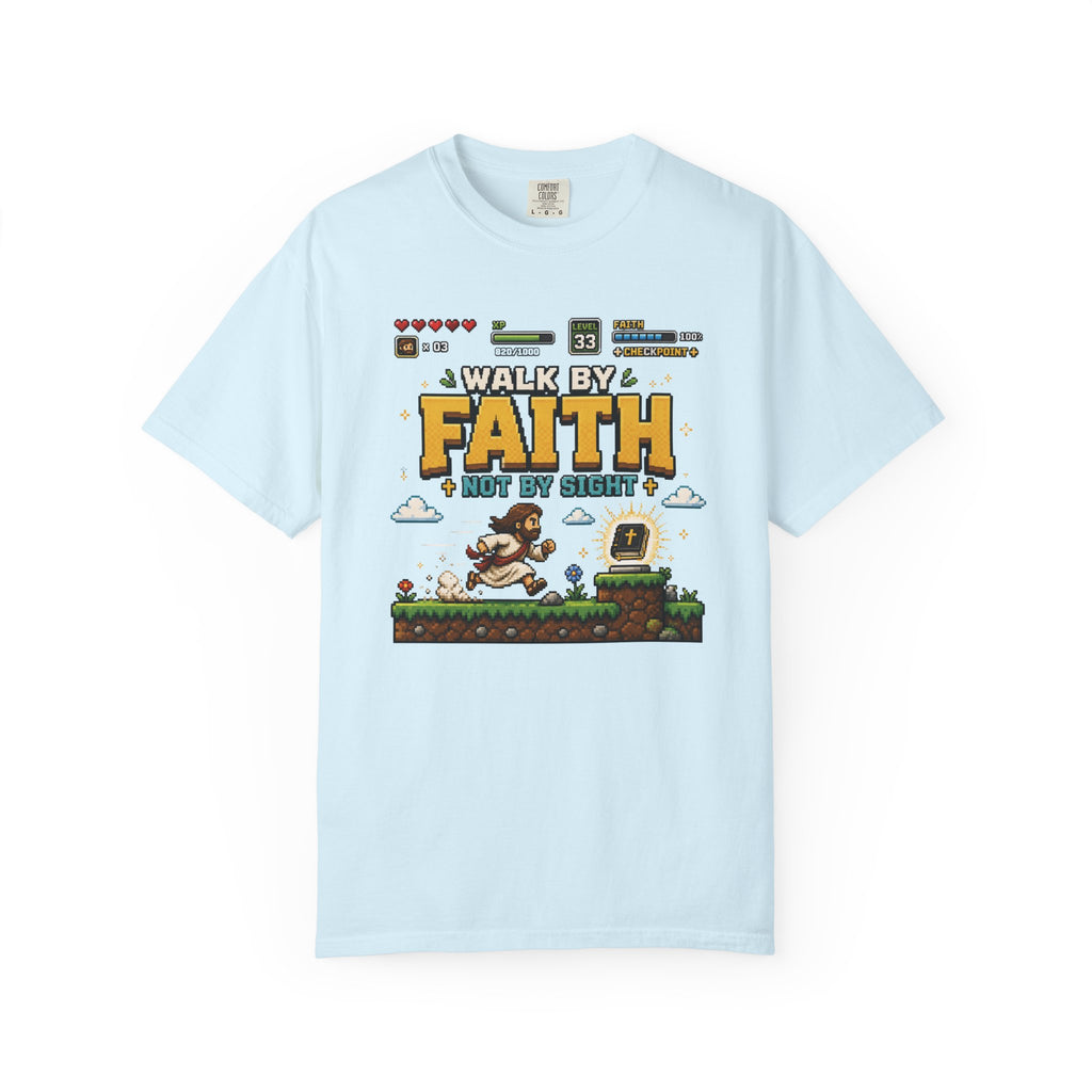 Walk By Faith Not By Sight Shirt | Christian Gamer Tee | Retro Pixel Art | Faith-Based Gaming T-Shirt