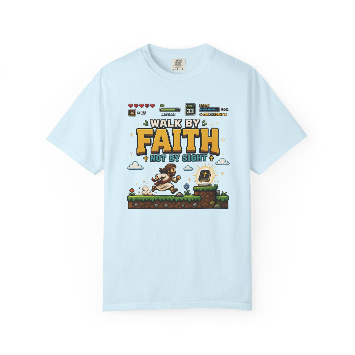 Walk By Faith Not By Sight Shirt | Christian Gamer Tee | Retro Pixel Art | Faith-Based Gaming T-Shirt
